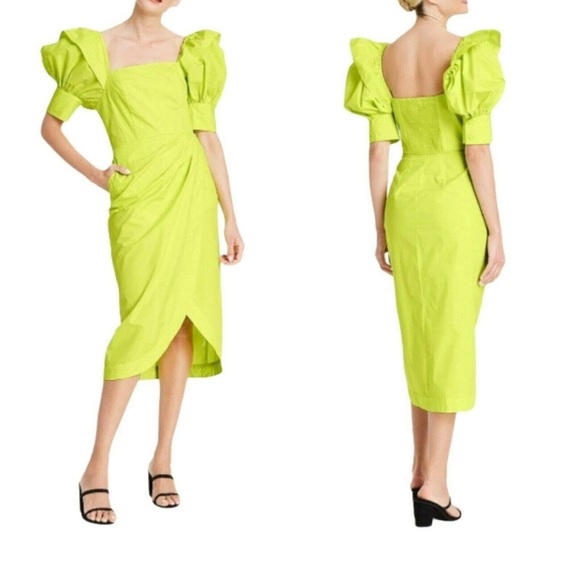 Chic Lime Green Puff Sleeve Midi Dress - Picture 1 of 4